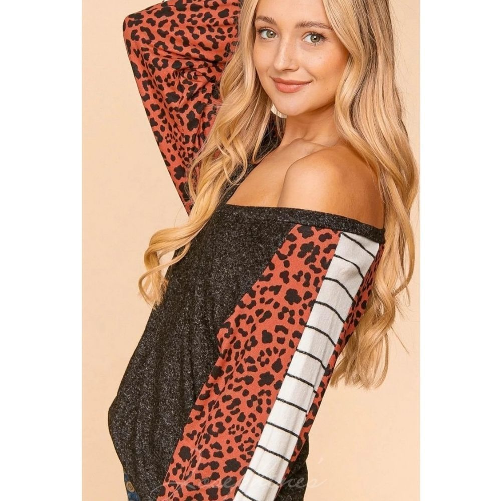 Black Mauve And Ivory Animal Print Two Tone V-Neck Top